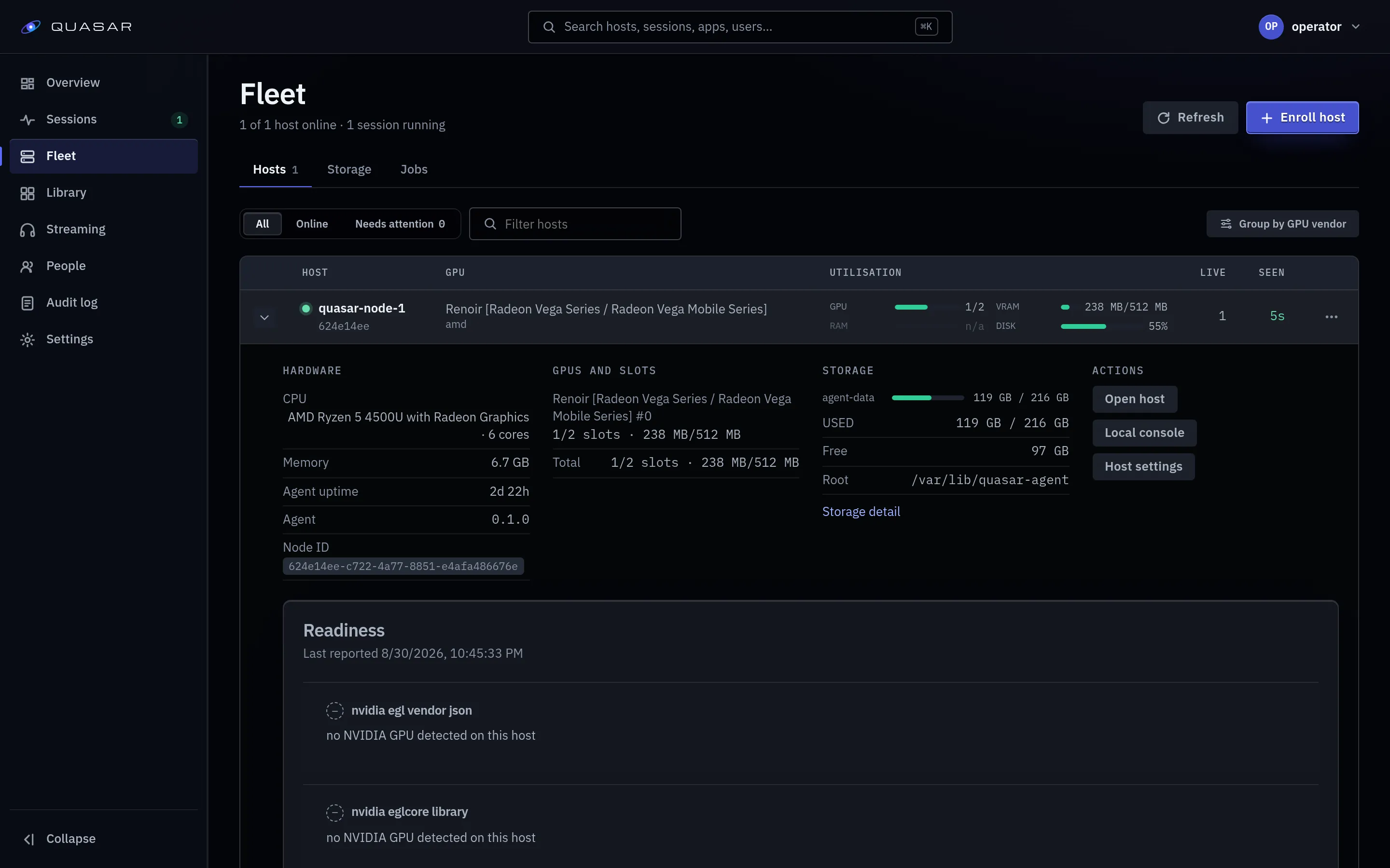 The admin fleet page listing hosts and their GPUs