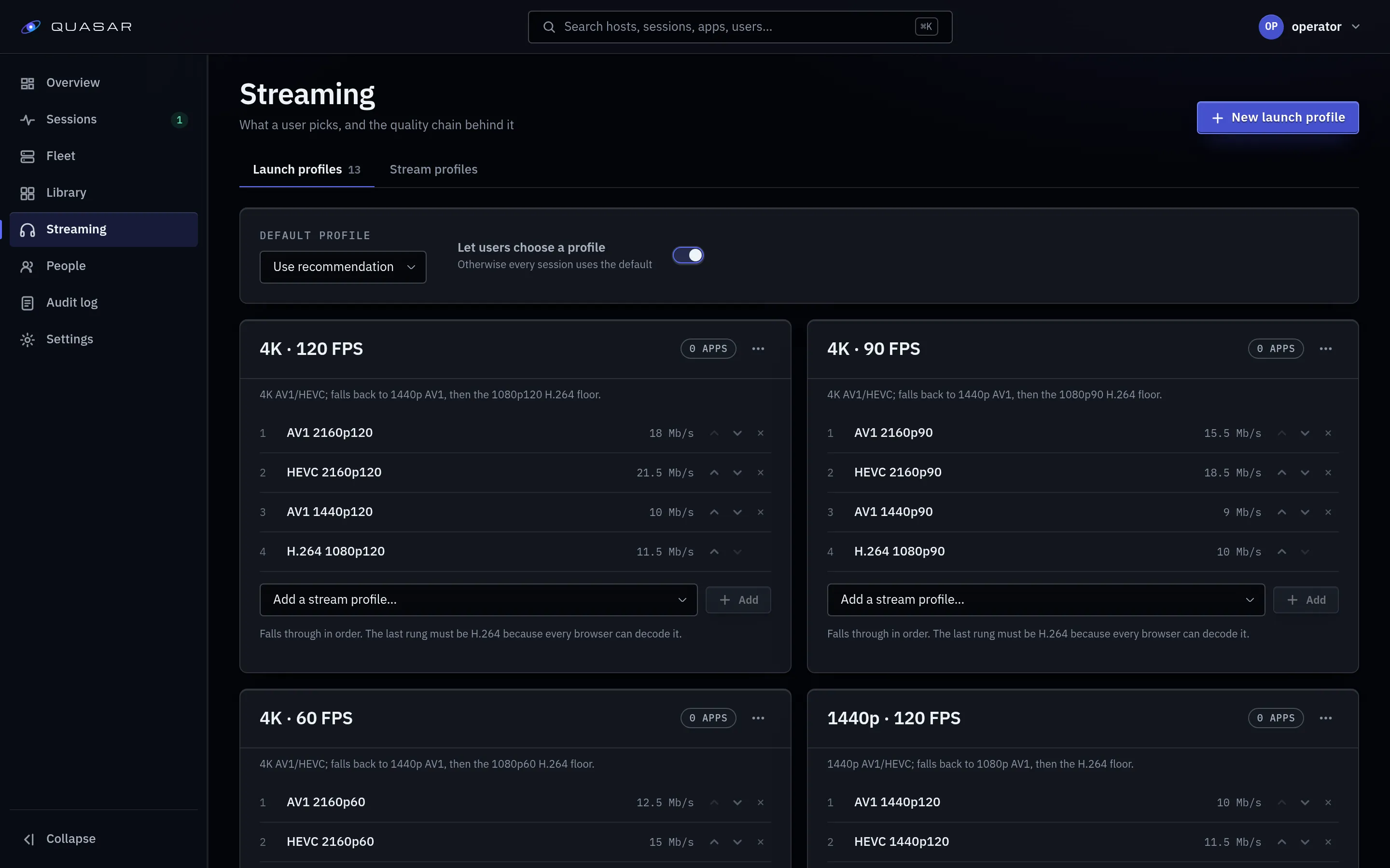 The admin launch profiles page