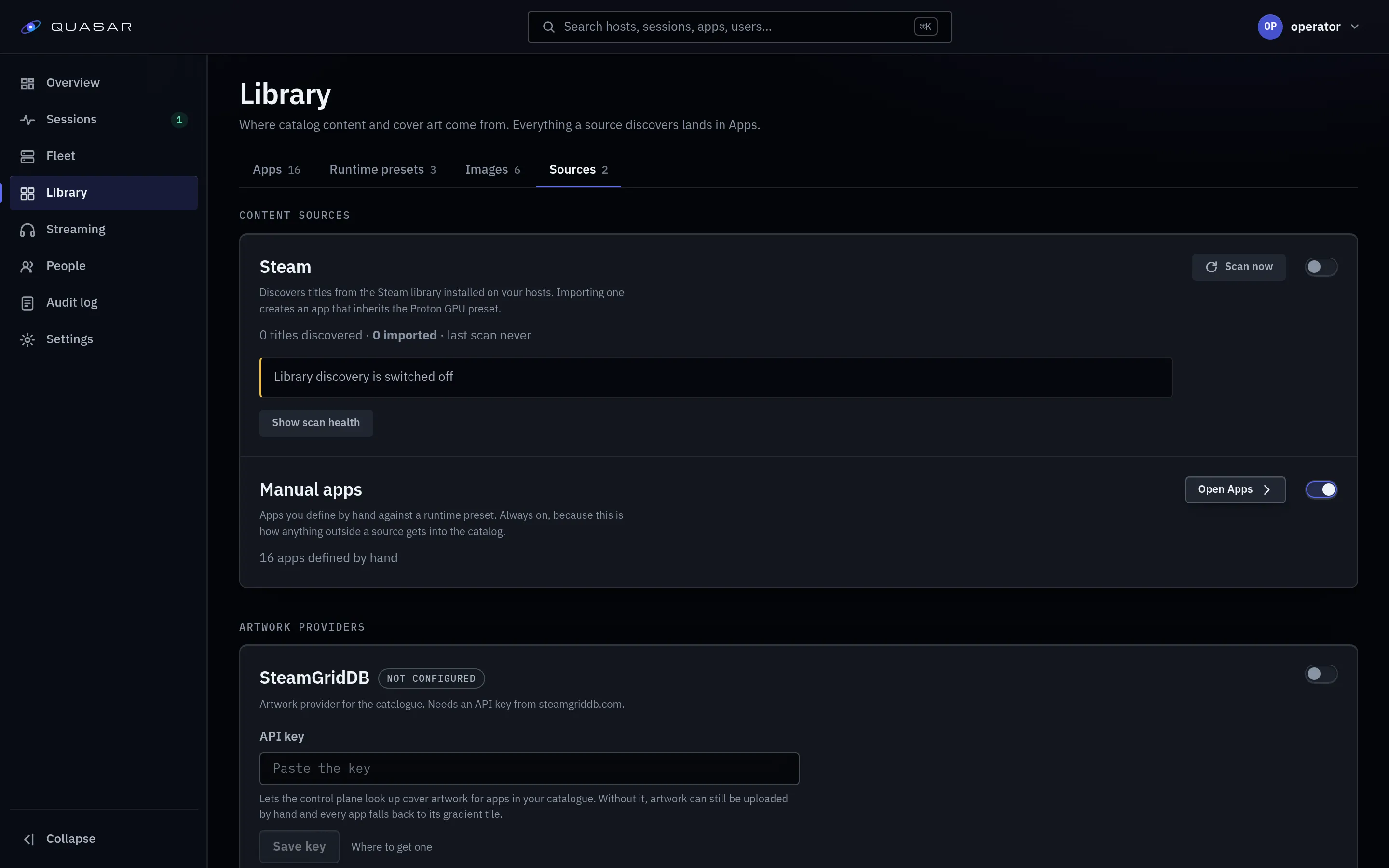 The admin library sources page