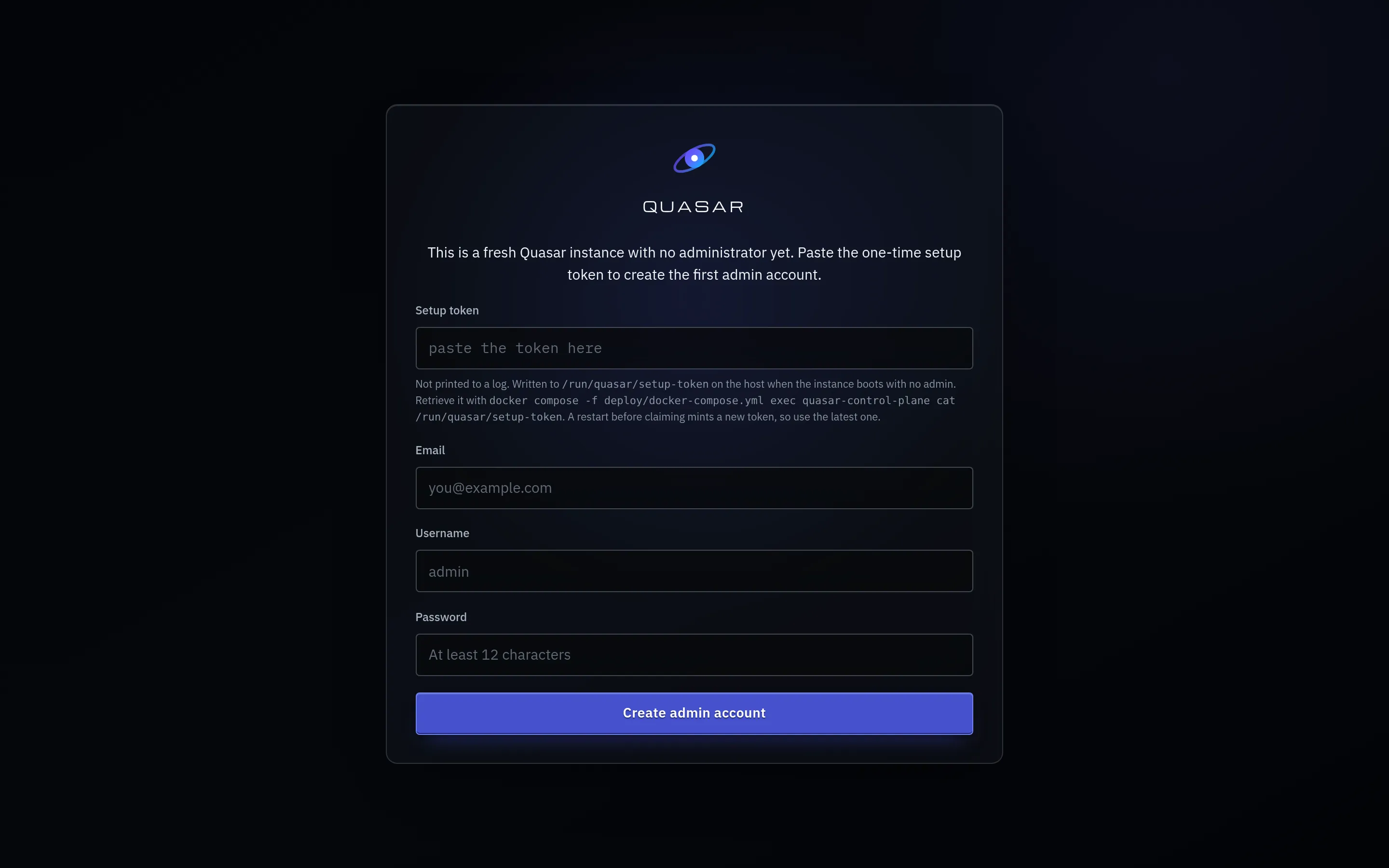The Quasar first-run setup wizard, on the claim step